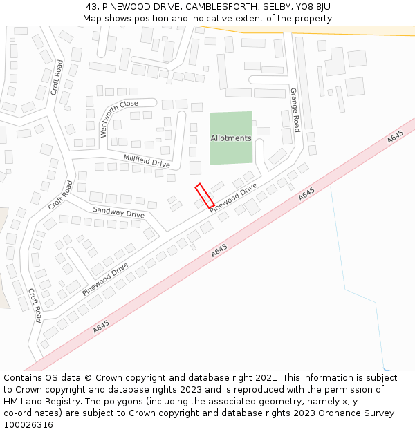 43, PINEWOOD DRIVE, CAMBLESFORTH, SELBY, YO8 8JU: Location map and indicative extent of plot