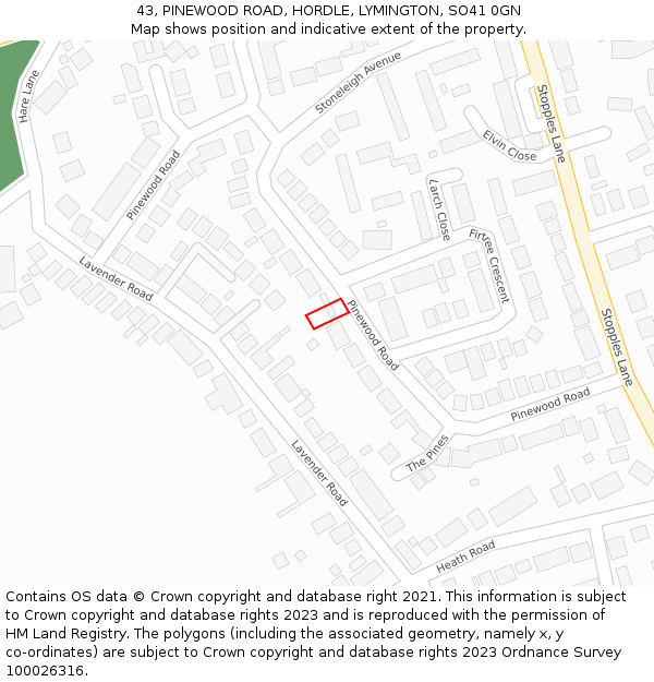 43, PINEWOOD ROAD, HORDLE, LYMINGTON, SO41 0GN: Location map and indicative extent of plot