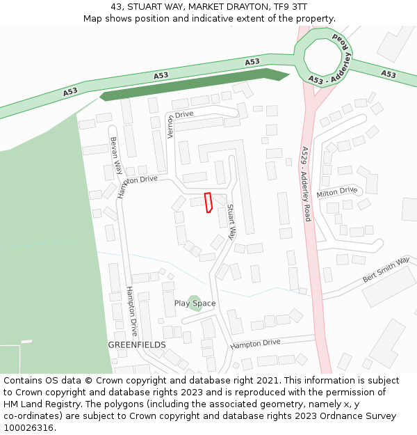 43, STUART WAY, MARKET DRAYTON, TF9 3TT: Location map and indicative extent of plot