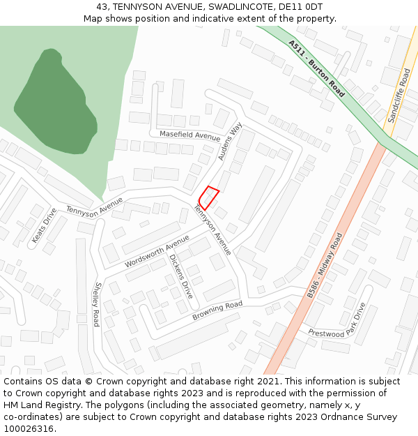 43, TENNYSON AVENUE, SWADLINCOTE, DE11 0DT: Location map and indicative extent of plot