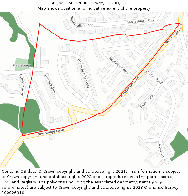 43, WHEAL SPERRIES WAY, TRURO, TR1 3FE: Location map and indicative extent of plot