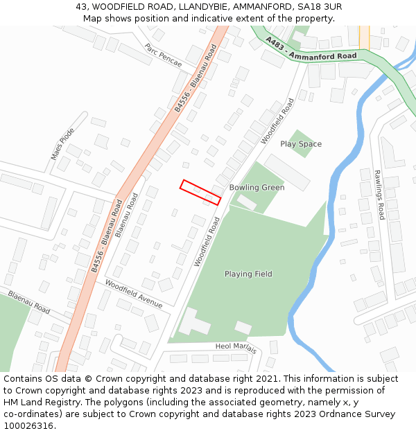 43, WOODFIELD ROAD, LLANDYBIE, AMMANFORD, SA18 3UR: Location map and indicative extent of plot