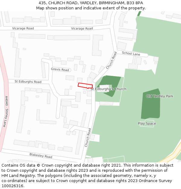 435, CHURCH ROAD, YARDLEY, BIRMINGHAM, B33 8PA: Location map and indicative extent of plot