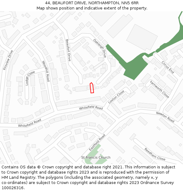 44, BEAUFORT DRIVE, NORTHAMPTON, NN5 6RR: Location map and indicative extent of plot