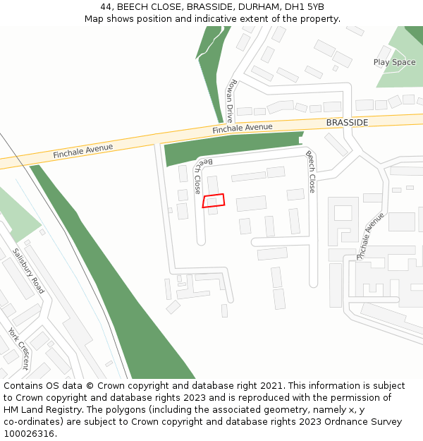 44, BEECH CLOSE, BRASSIDE, DURHAM, DH1 5YB: Location map and indicative extent of plot