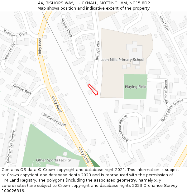 44, BISHOPS WAY, HUCKNALL, NOTTINGHAM, NG15 8DP: Location map and indicative extent of plot