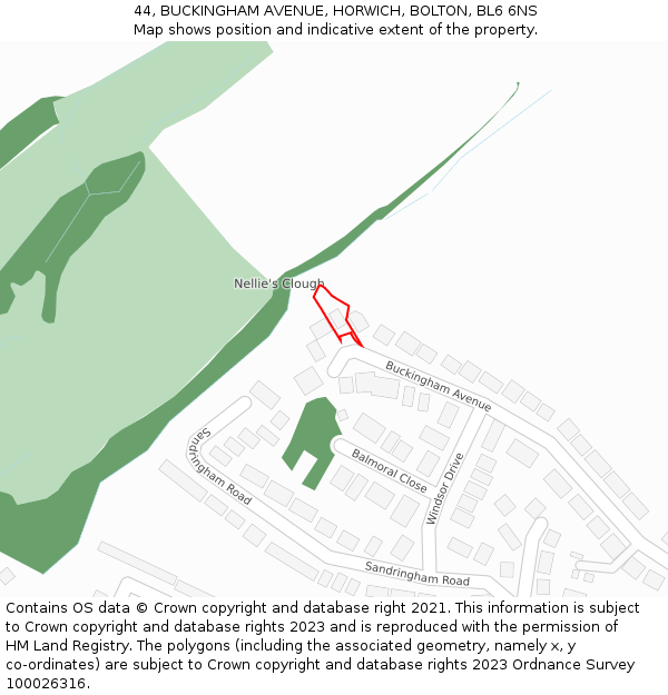 44, BUCKINGHAM AVENUE, HORWICH, BOLTON, BL6 6NS: Location map and indicative extent of plot