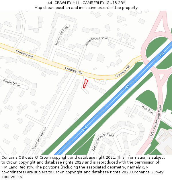 44, CRAWLEY HILL, CAMBERLEY, GU15 2BY: Location map and indicative extent of plot