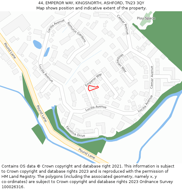 44, EMPEROR WAY, KINGSNORTH, ASHFORD, TN23 3QY: Location map and indicative extent of plot