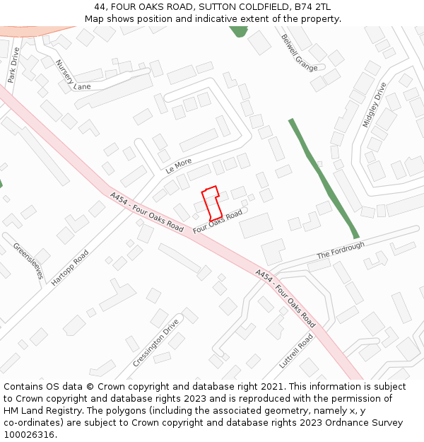 44, FOUR OAKS ROAD, SUTTON COLDFIELD, B74 2TL: Location map and indicative extent of plot