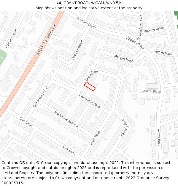 44, GRANT ROAD, WIGAN, WN3 5JN: Location map and indicative extent of plot