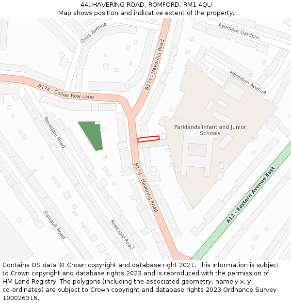 44, HAVERING ROAD, ROMFORD, RM1 4QU: Location map and indicative extent of plot