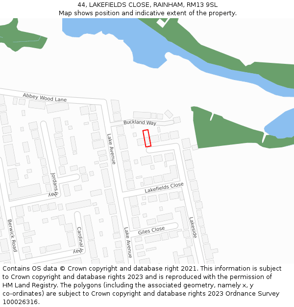 44, LAKEFIELDS CLOSE, RAINHAM, RM13 9SL: Location map and indicative extent of plot