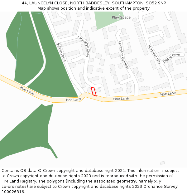 44, LAUNCELYN CLOSE, NORTH BADDESLEY, SOUTHAMPTON, SO52 9NP: Location map and indicative extent of plot