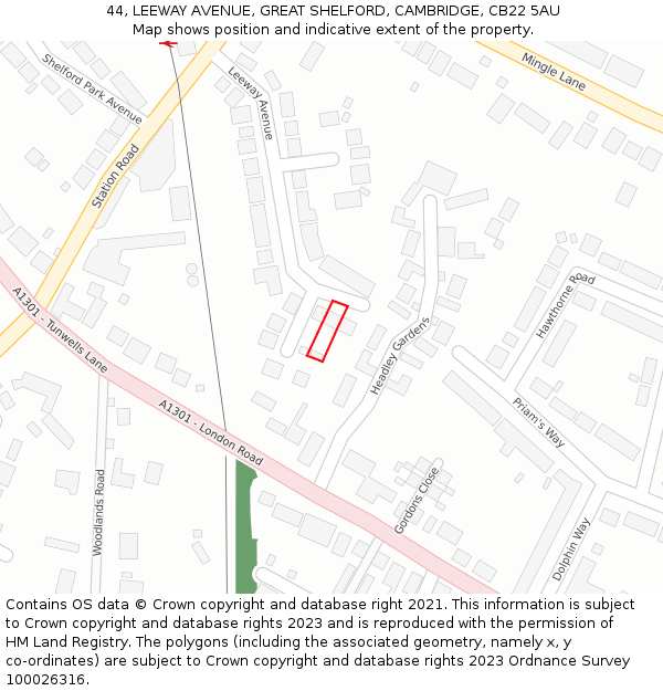 44, LEEWAY AVENUE, GREAT SHELFORD, CAMBRIDGE, CB22 5AU: Location map and indicative extent of plot