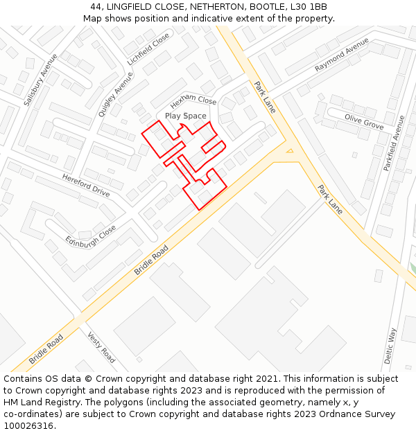 44, LINGFIELD CLOSE, NETHERTON, BOOTLE, L30 1BB: Location map and indicative extent of plot