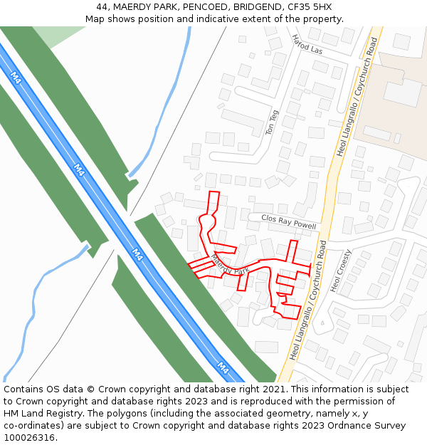 44, MAERDY PARK, PENCOED, BRIDGEND, CF35 5HX: Location map and indicative extent of plot