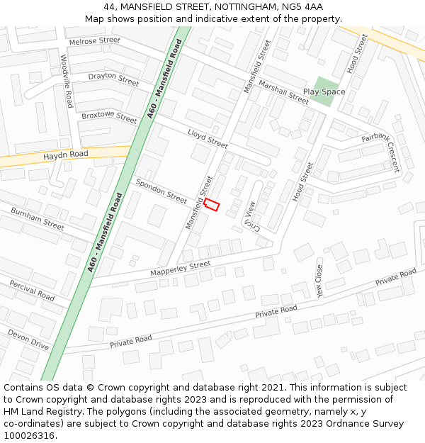 44, MANSFIELD STREET, NOTTINGHAM, NG5 4AA: Location map and indicative extent of plot