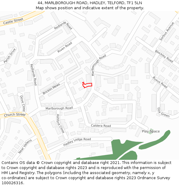 44, MARLBOROUGH ROAD, HADLEY, TELFORD, TF1 5LN: Location map and indicative extent of plot