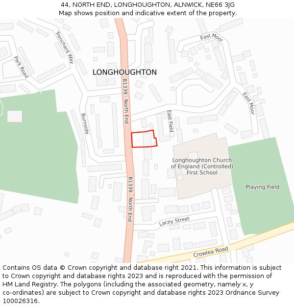 44, NORTH END, LONGHOUGHTON, ALNWICK, NE66 3JG: Location map and indicative extent of plot