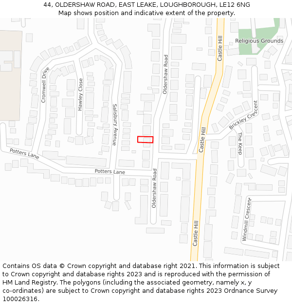 44, OLDERSHAW ROAD, EAST LEAKE, LOUGHBOROUGH, LE12 6NG: Location map and indicative extent of plot