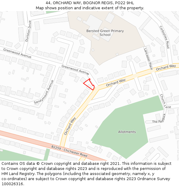 44, ORCHARD WAY, BOGNOR REGIS, PO22 9HL: Location map and indicative extent of plot