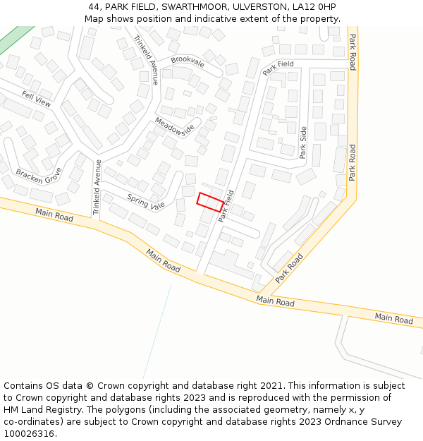 44, PARK FIELD, SWARTHMOOR, ULVERSTON, LA12 0HP: Location map and indicative extent of plot