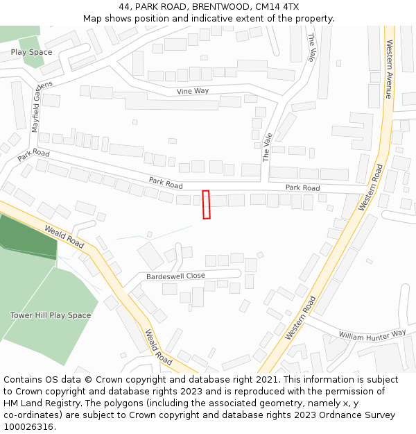 44, PARK ROAD, BRENTWOOD, CM14 4TX: Location map and indicative extent of plot