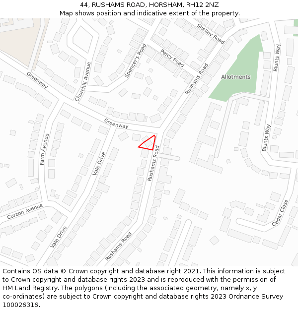 44, RUSHAMS ROAD, HORSHAM, RH12 2NZ: Location map and indicative extent of plot