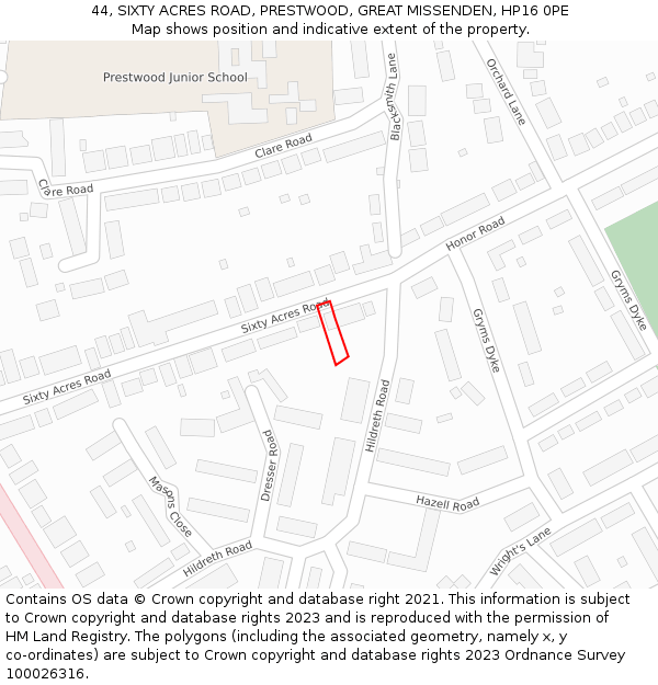 44, SIXTY ACRES ROAD, PRESTWOOD, GREAT MISSENDEN, HP16 0PE: Location map and indicative extent of plot