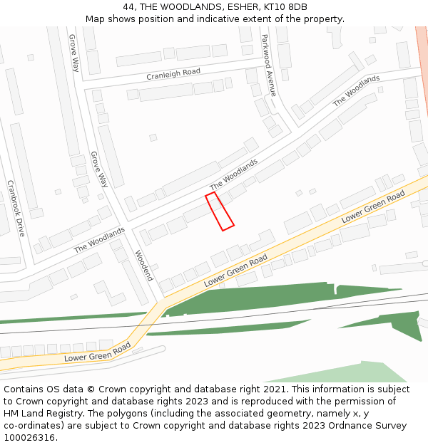 44, THE WOODLANDS, ESHER, KT10 8DB: Location map and indicative extent of plot