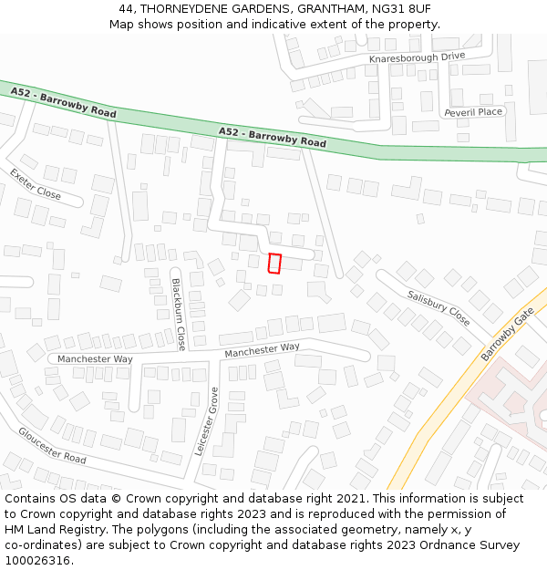 44, THORNEYDENE GARDENS, GRANTHAM, NG31 8UF: Location map and indicative extent of plot