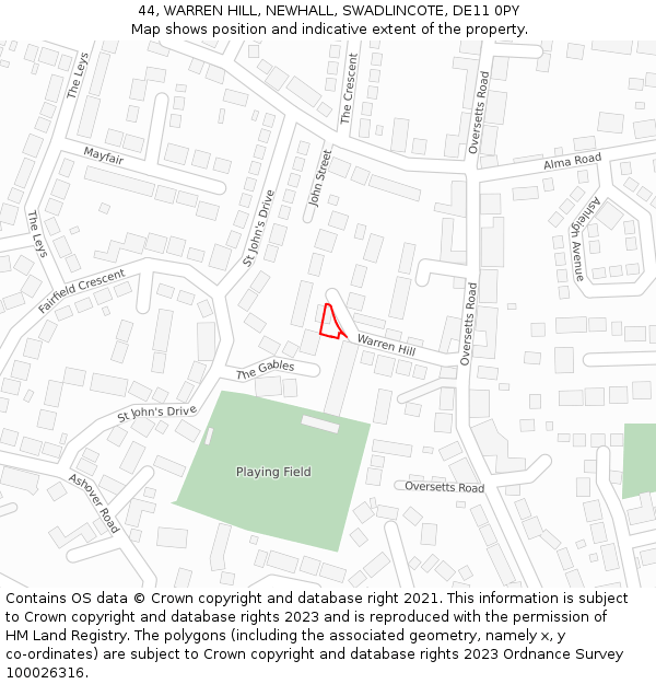 44, WARREN HILL, NEWHALL, SWADLINCOTE, DE11 0PY: Location map and indicative extent of plot