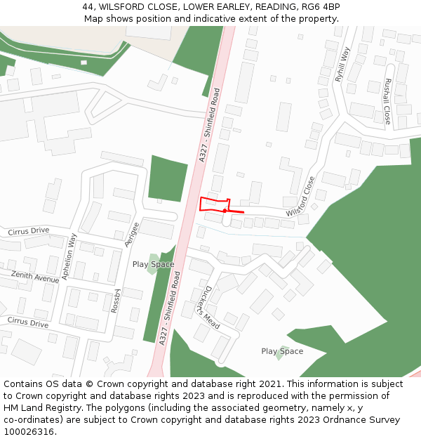 44, WILSFORD CLOSE, LOWER EARLEY, READING, RG6 4BP: Location map and indicative extent of plot