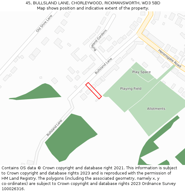 45, BULLSLAND LANE, CHORLEYWOOD, RICKMANSWORTH, WD3 5BD: Location map and indicative extent of plot