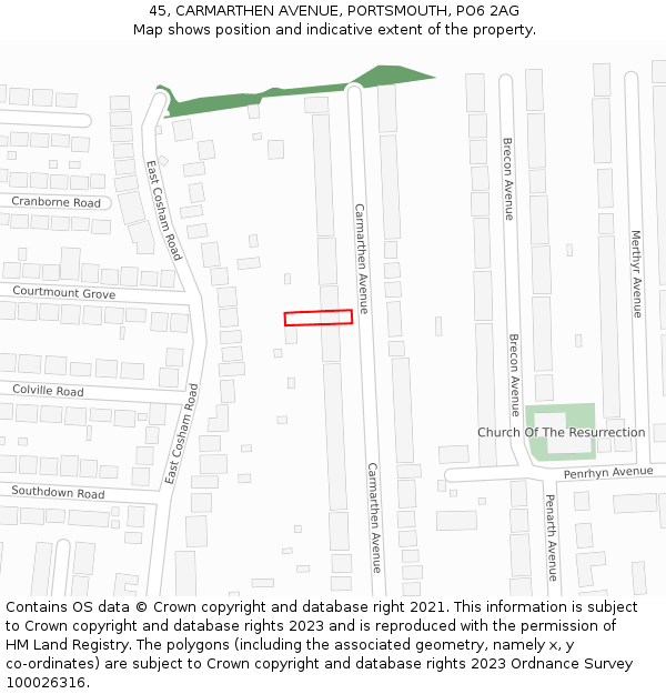 45, CARMARTHEN AVENUE, PORTSMOUTH, PO6 2AG: Location map and indicative extent of plot