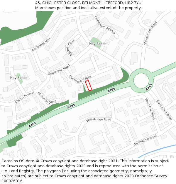 45, CHICHESTER CLOSE, BELMONT, HEREFORD, HR2 7YU: Location map and indicative extent of plot