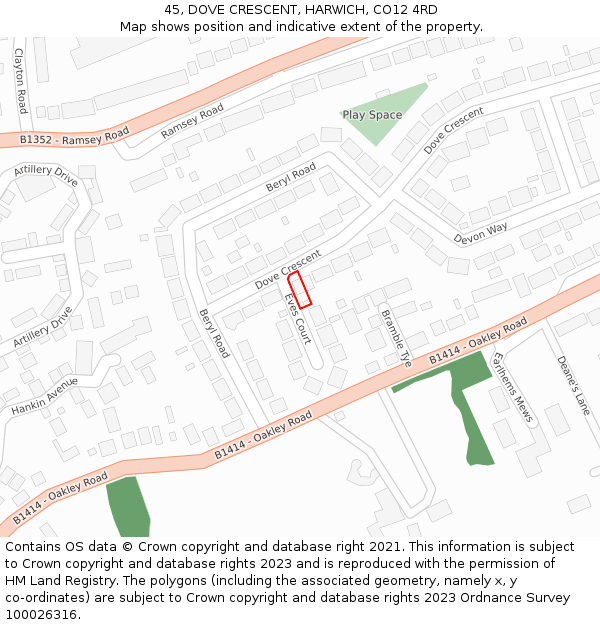 45, DOVE CRESCENT, HARWICH, CO12 4RD: Location map and indicative extent of plot