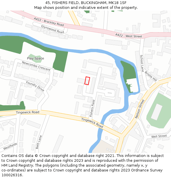 45, FISHERS FIELD, BUCKINGHAM, MK18 1SF: Location map and indicative extent of plot