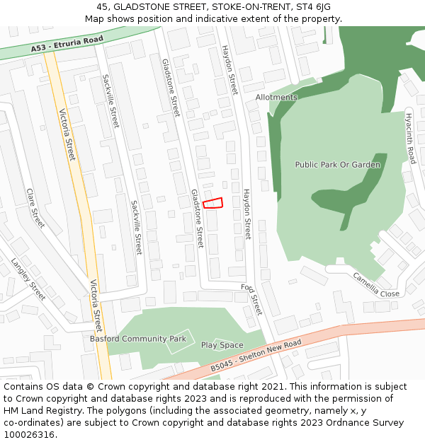 45, GLADSTONE STREET, STOKE-ON-TRENT, ST4 6JG: Location map and indicative extent of plot