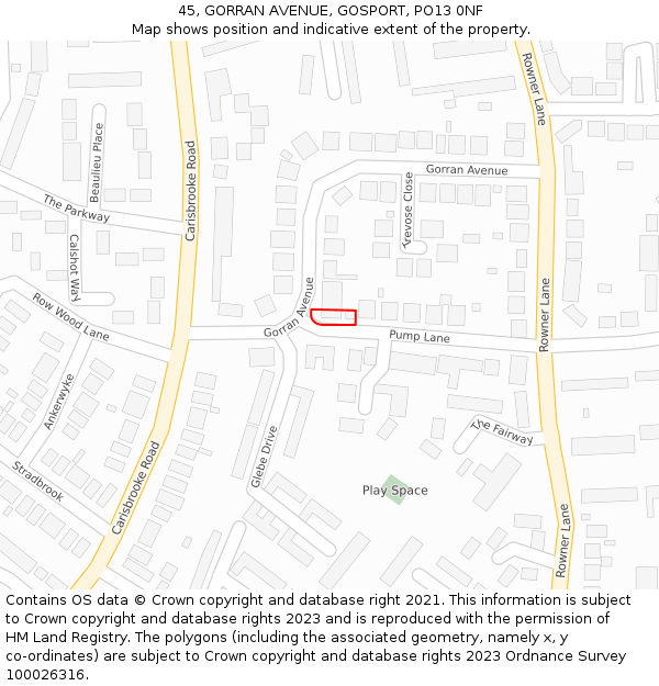 45, GORRAN AVENUE, GOSPORT, PO13 0NF: Location map and indicative extent of plot