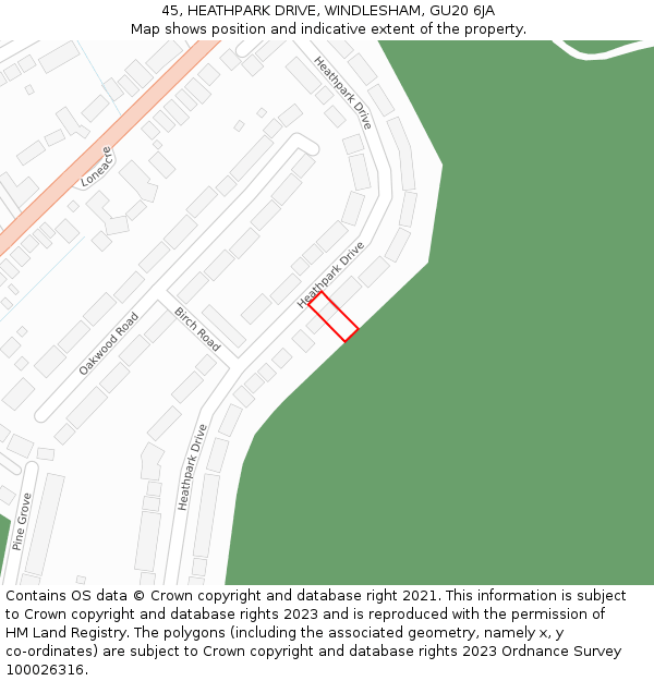 45, HEATHPARK DRIVE, WINDLESHAM, GU20 6JA: Location map and indicative extent of plot
