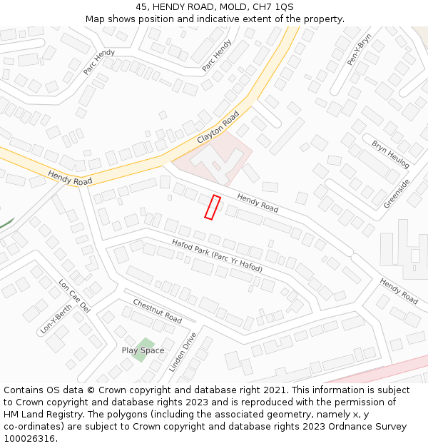 45, HENDY ROAD, MOLD, CH7 1QS: Location map and indicative extent of plot