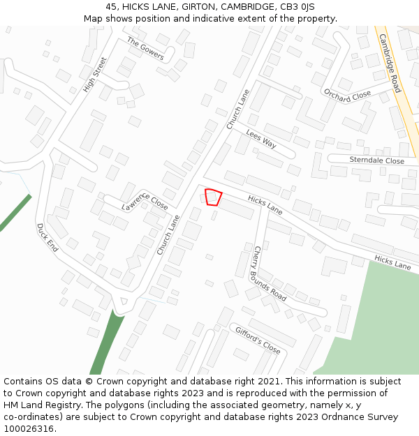 45, HICKS LANE, GIRTON, CAMBRIDGE, CB3 0JS: Location map and indicative extent of plot