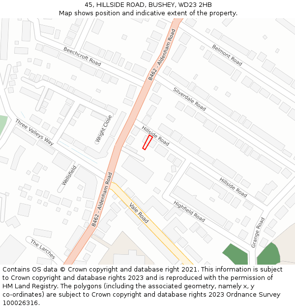 45, HILLSIDE ROAD, BUSHEY, WD23 2HB: Location map and indicative extent of plot