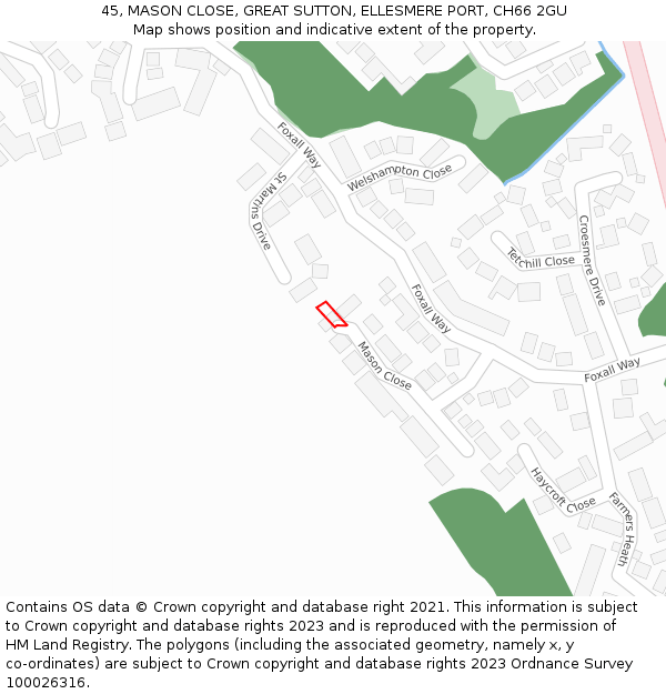 45, MASON CLOSE, GREAT SUTTON, ELLESMERE PORT, CH66 2GU: Location map and indicative extent of plot