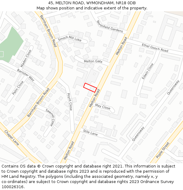 45, MELTON ROAD, WYMONDHAM, NR18 0DB: Location map and indicative extent of plot