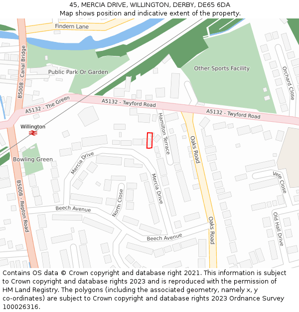 45, MERCIA DRIVE, WILLINGTON, DERBY, DE65 6DA: Location map and indicative extent of plot