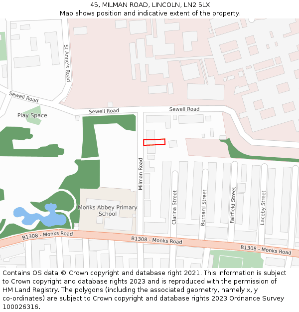 45, MILMAN ROAD, LINCOLN, LN2 5LX: Location map and indicative extent of plot