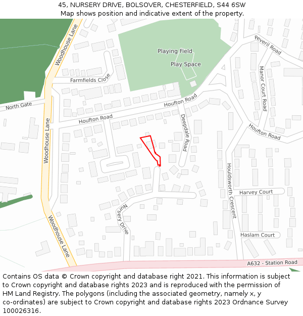 45, NURSERY DRIVE, BOLSOVER, CHESTERFIELD, S44 6SW: Location map and indicative extent of plot